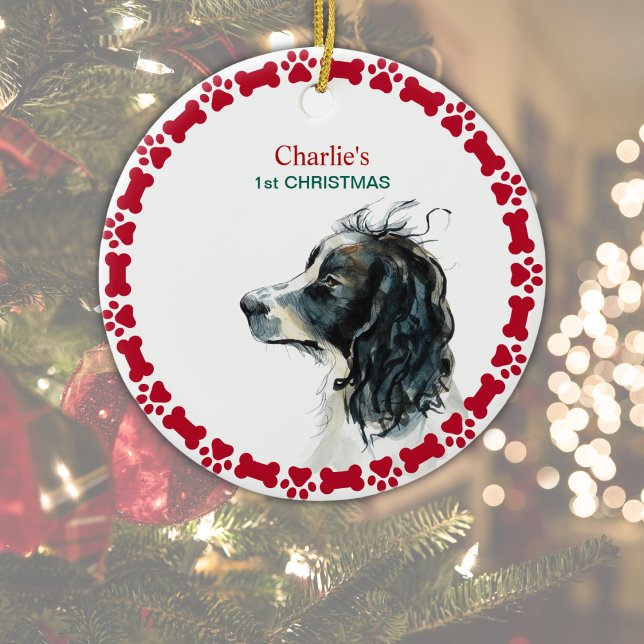 Springer Spaniel 1:a juldagen Personlig Julgransprydnad Keramik (Edit to add dog's name on front and year on reverse.  1st Christmas can be changed/ deleted)