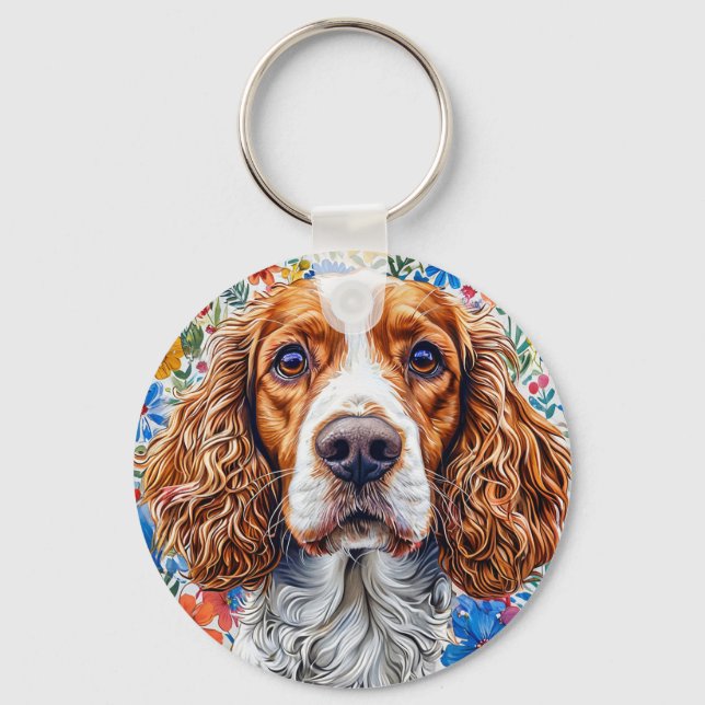 Springer Spaniel Blommig Present För Hundälskare Nyckelring (Framsida)