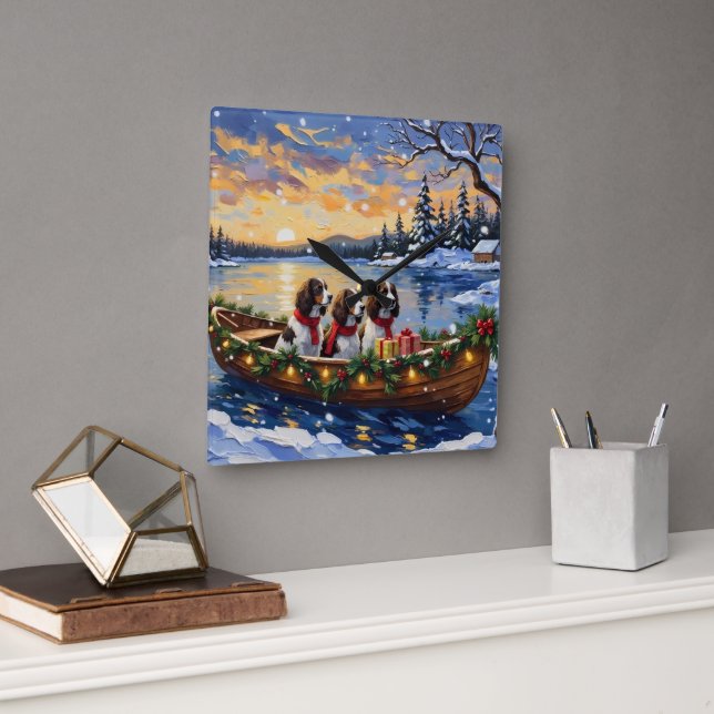 Springer Spaniel Christmas Boat Holiday Fyrkantig Klocka (Kontor)