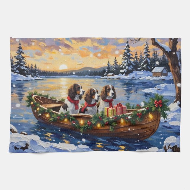 Springer Spaniel Christmas Boat Holiday Kökshandduk (Horisontell)