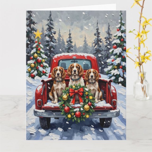 Springer Spaniel Christmas Red Truck Holiday Kort (Gul blomma)