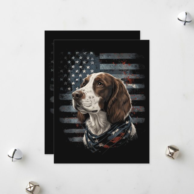 Springer Spaniel Hund Amerikansk Flagga Julkort (Fram/Back In Situ)