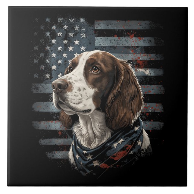 Springer Spaniel Hund Amerikansk Flagga Kakelplatta (Framsidan)