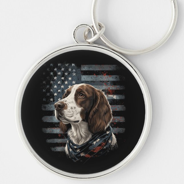 Springer Spaniel Hund Amerikansk Flagga Rund Silverfärgad Nyckelring (Framsidan)