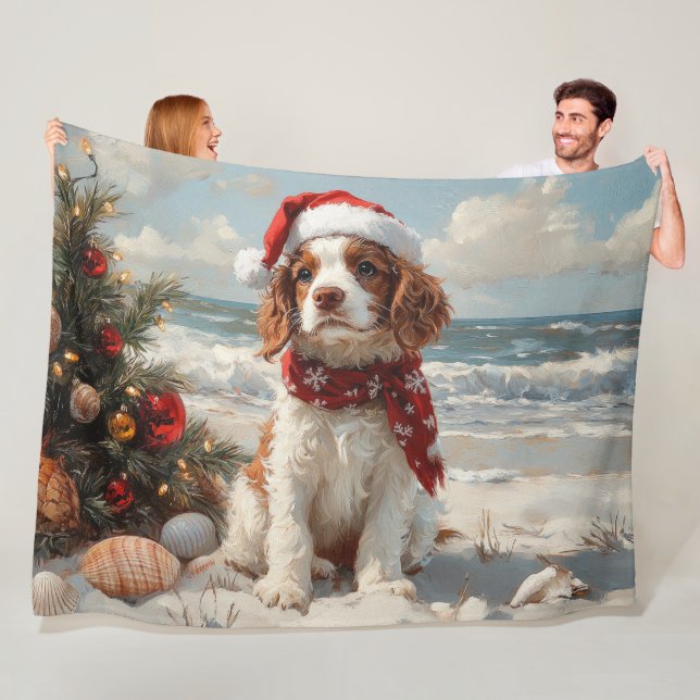 Springer Spaniel Hund Jul Vintage Strand Fleecefilt (På plats)