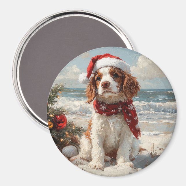Springer Spaniel Hund Jul Vintage Strand Magnet (Front/Back)