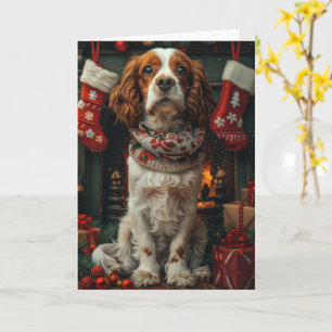 Springer Spaniel Hund Med Julpresent Eldstad Kort