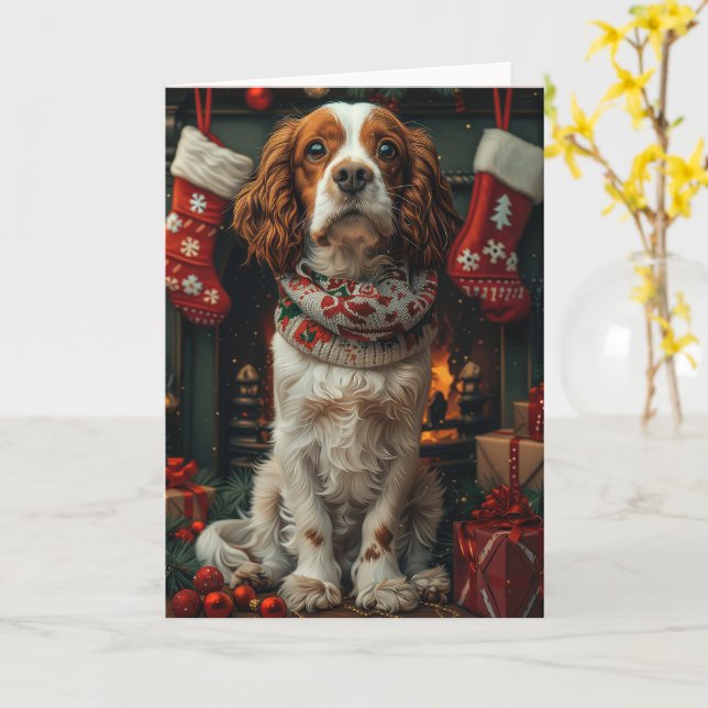 Springer Spaniel Hund Med Julpresent Eldstad Kort (Gul blomma)