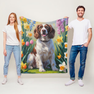 Springer Spaniel Hund Vårblommor Målning Fleecefilt