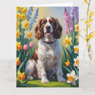 Springer Spaniel Hund Vårblommor Målning Kort