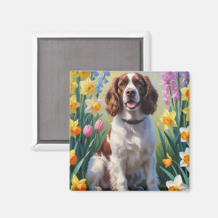 Springer Spaniel Hund Vårblommor Målning Magnet