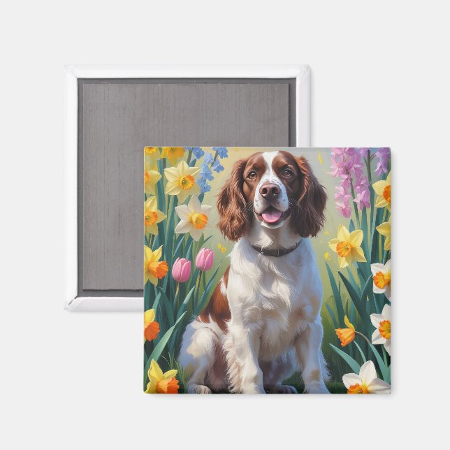 Springer Spaniel Hund Vårblommor Målning  Magnet (Front/Back)