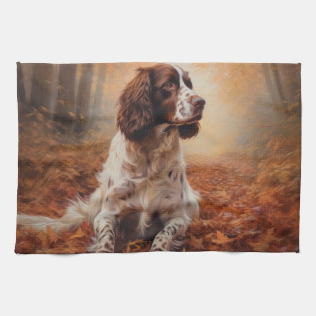 Springer Spaniel i höstlöv hösten inspirerar  Kökshandduk (Horisontell)