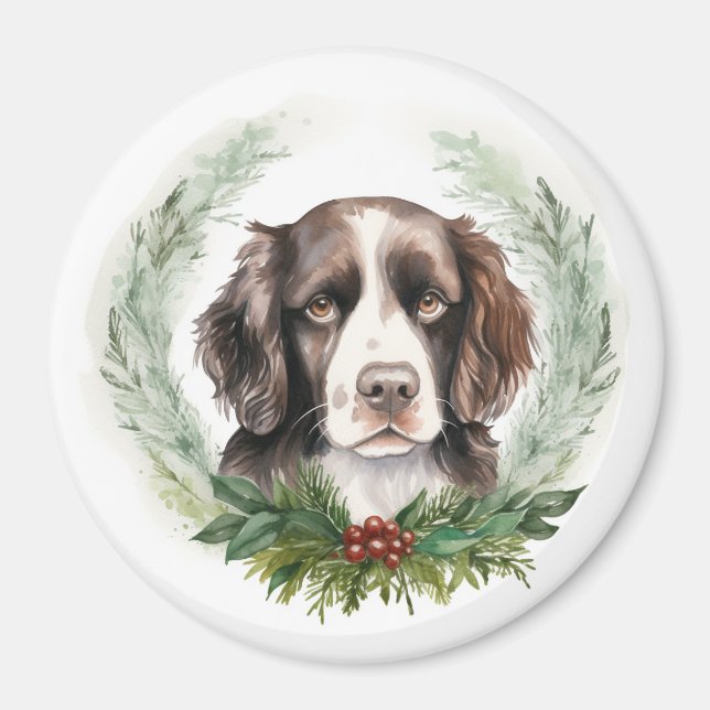 Springer spaniel jul Utandning Festive Valp Magnet (Framsidan)