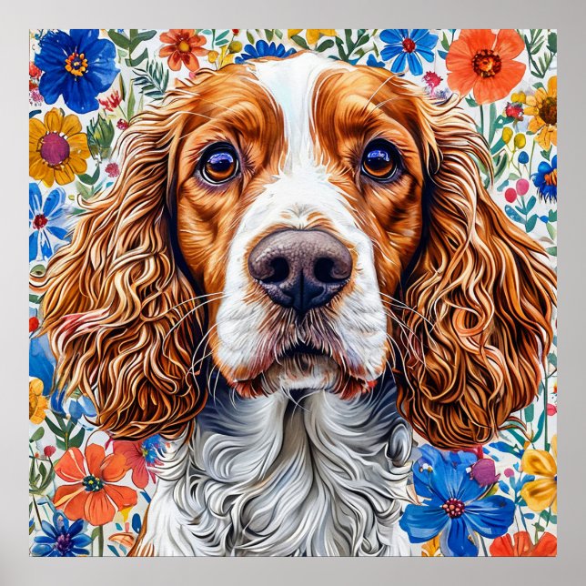 Springer Spaniel Med Färgrik Blommig Bakgrund Poster (Framsidan)