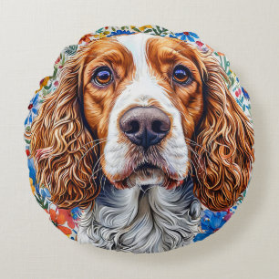 Springer Spaniel Med Färgrik Blommig Bakgrund Rund Kudde