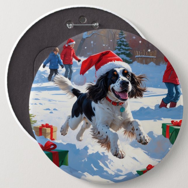 Springer Spaniel springar i snö med julhatt Knapp (Framsida & baksida)