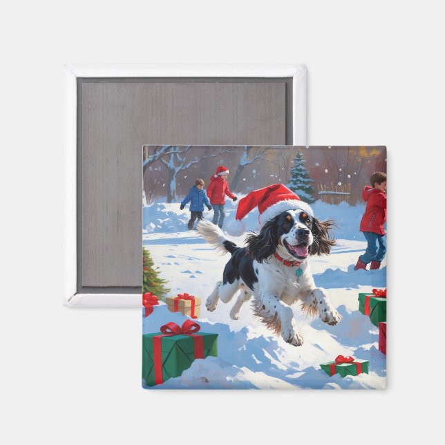 Springer Spaniel springar i snö med julhatt Magnet (Front/Back)