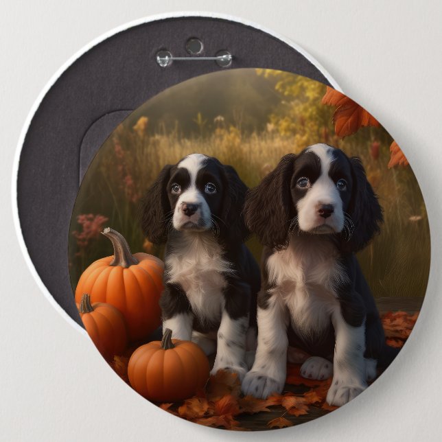 Springer Spaniel Valp Höstglädje Pumpa Knapp (Framsida & baksida)