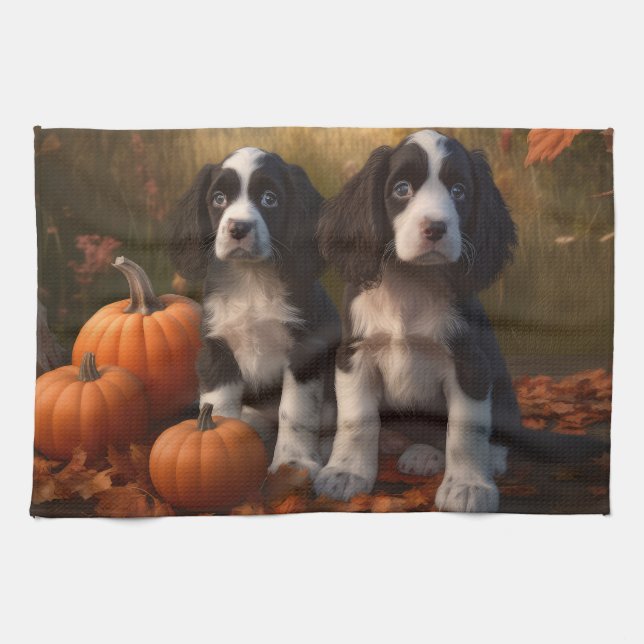 Springer Spaniel Valp Höstglädje Pumpa Kökshandduk (Horisontell)