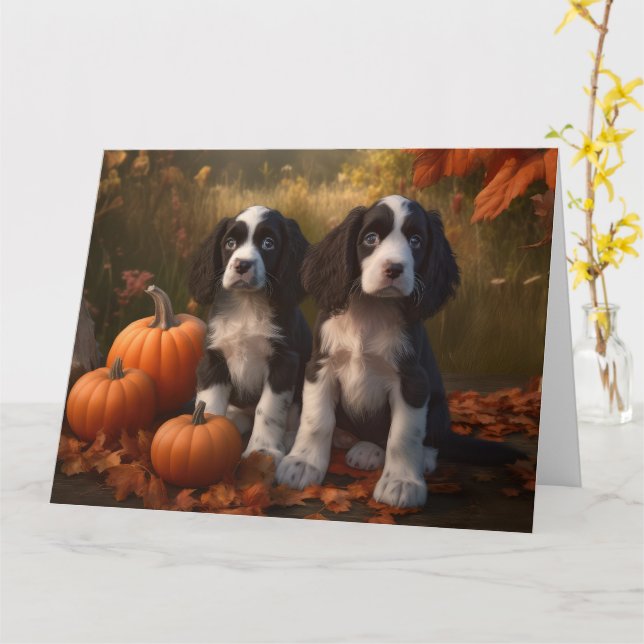 Springer Spaniel Valp Höstglädje Pumpa  Kort (Gul blomma)