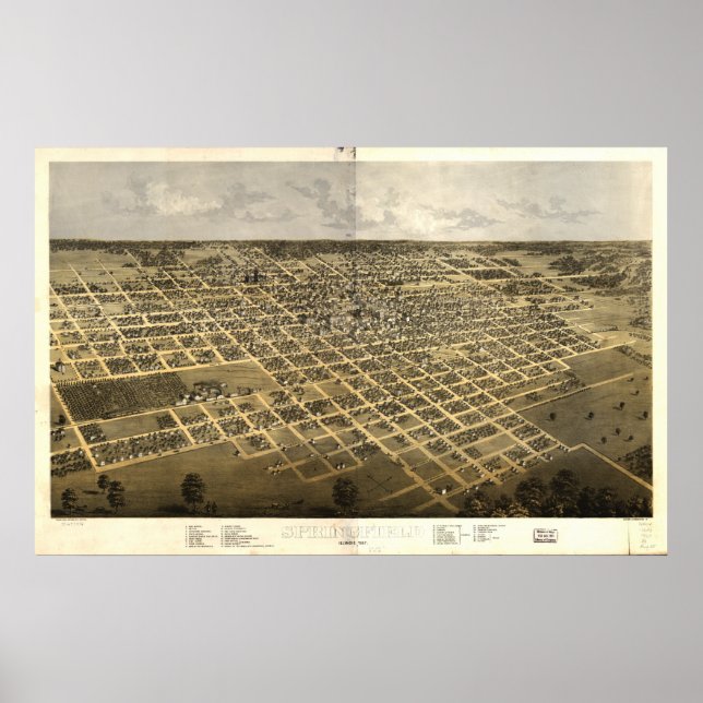 Springfield Illinois 1867 Antique Panoramic Karta Poster (Framsidan)