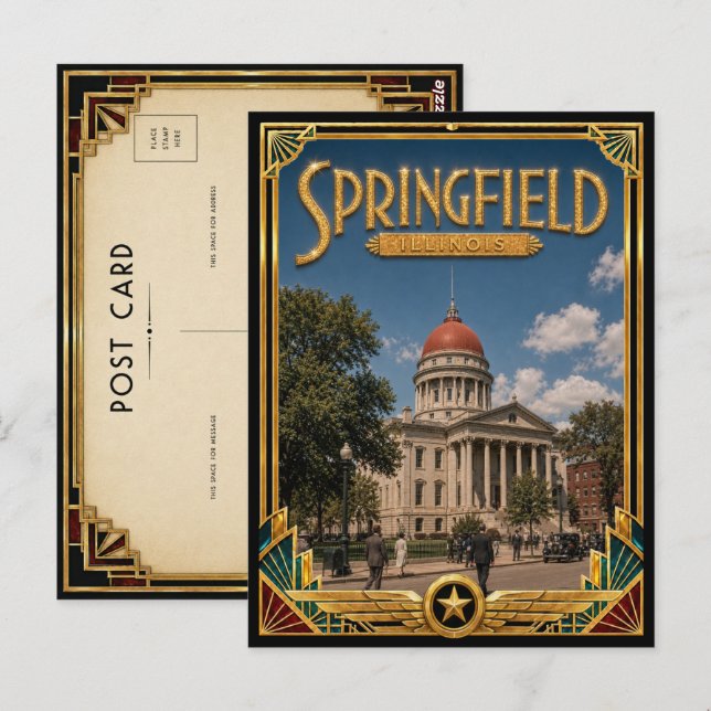 Springfield Illinois Vintage Art Deco Guldåldern Vykort (Fram/baksida)