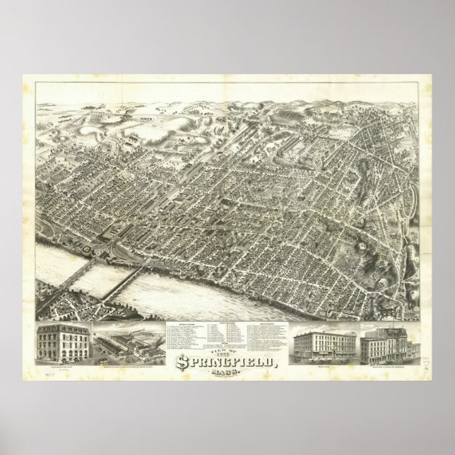 Springfield Mass. 1875 Antique Panoramic Karta Poster (Framsidan)