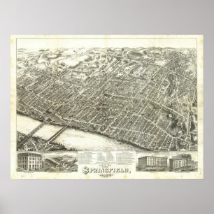Springfield samlas. 1875 antika panorama- karta poster