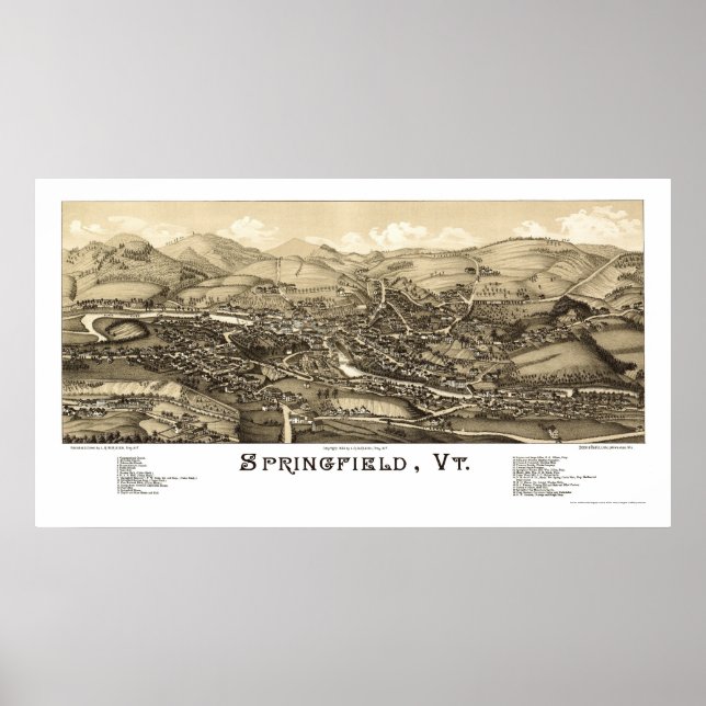Springfield, VT Panoramic Karta - 1886 Poster (Framsidan)