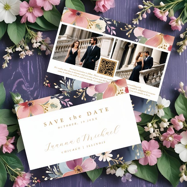 Springtime Beautiful Abstract Floral Two Photos Spara Datumet (Springtime Beautiful Abstract Floral Soft Watercolor Hues Wedding Save the Dates Cards with 2 Photos)