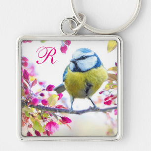 Springtime Bird Monogram Fyrkantig Silverfärgad Nyckelring