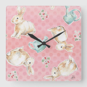 Springtime Bunnies Mönster Fyrkantig Klocka