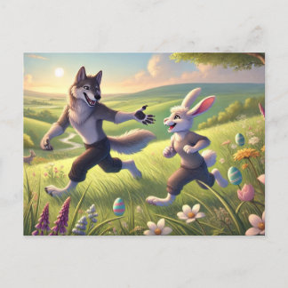 Springtime Chase - Playful Varg och Rabbit Påsk Helg Vykort