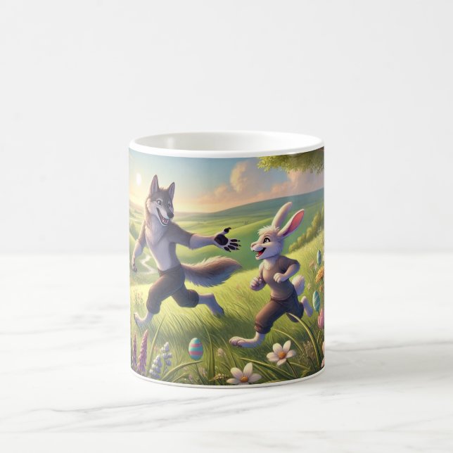 Springtime Chase - Playful Varg och Rabbit Påsk Kaffemugg (Center)