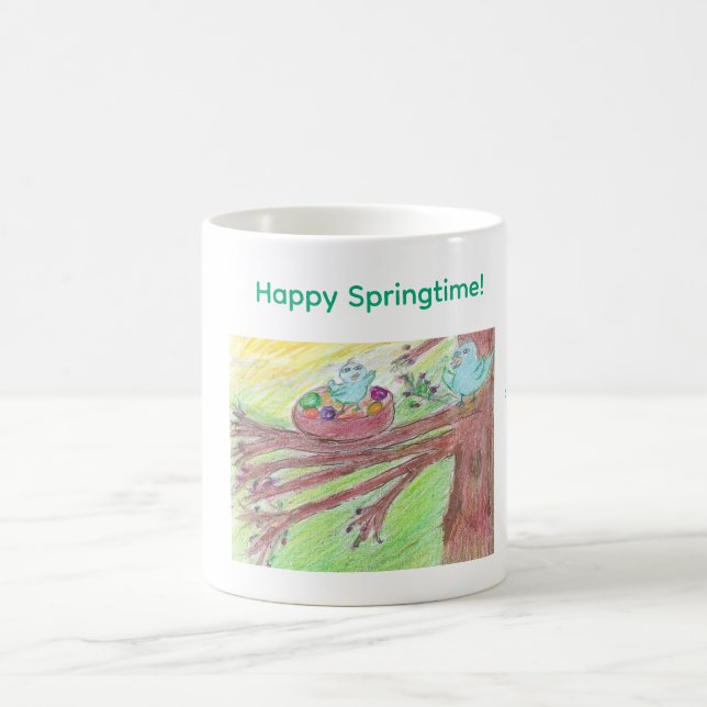 Springtime coffee mug with baby and mother bird  kaffemugg (Center)