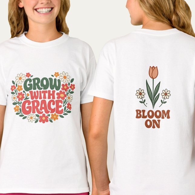 Springtime Flowers Grow With Grace Retro T Shirt (Front & Back Floral Art, Pure Cotton)