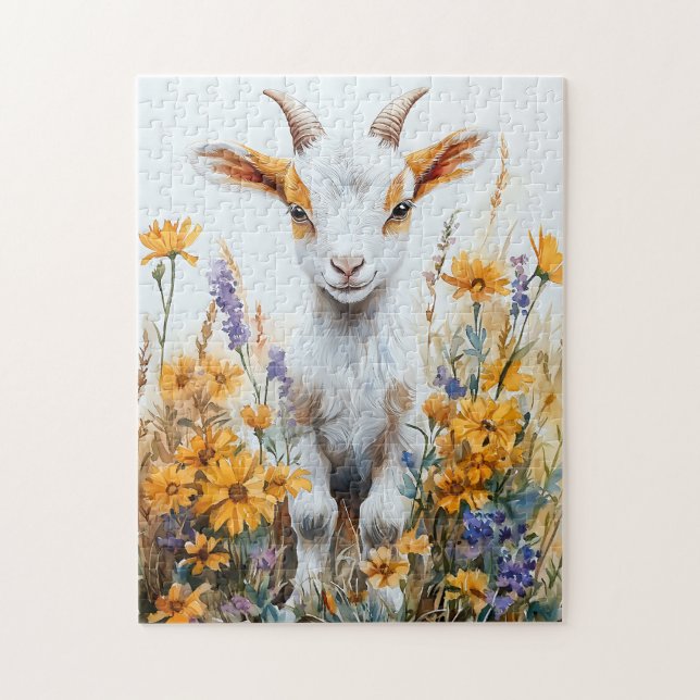 Springtime Goat Kid Gult Wildblommor Pussel (Vertikal)