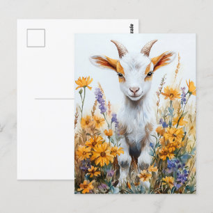 Springtime Goat Kid Gult Wildblommor Vykort