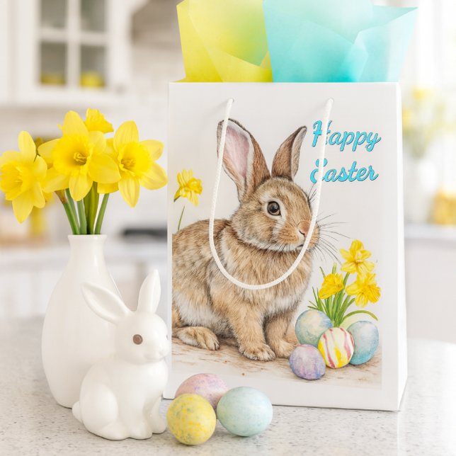 Springtime Happy Easter Rabbit  (Celebrate Easter with a charming bunny gift bag, pastel tissue, daffodils, and spring kitchen decor.)