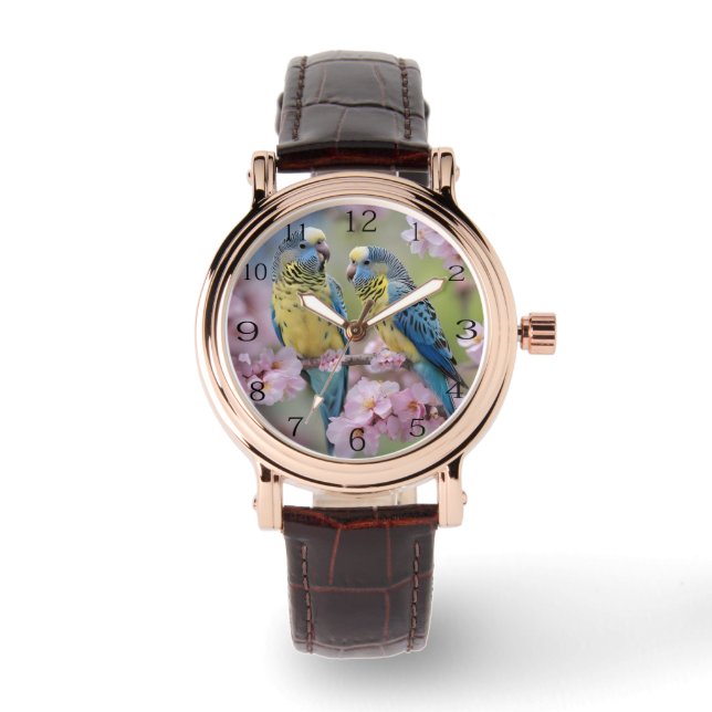 Springtime Harmony: Blue- och Gult Budgies Armbandsur (Framsida)