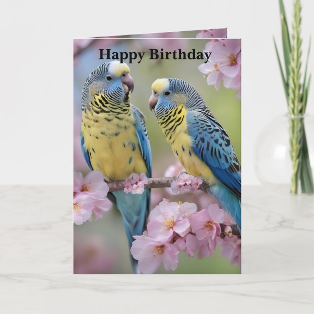 Springtime Harmony: Blue- och Gult Budgies Kort (Framsida)