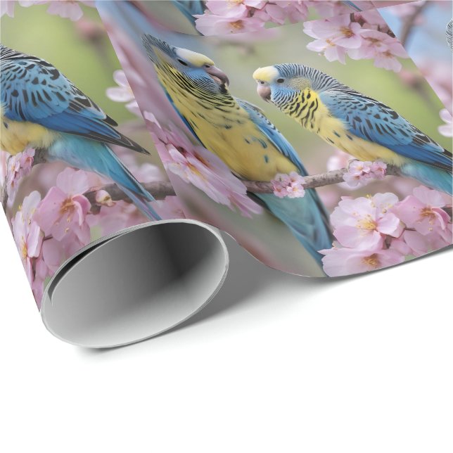 Springtime Harmony: Blue- och Gult Budgies Presentpapper (Rullad Hörn)