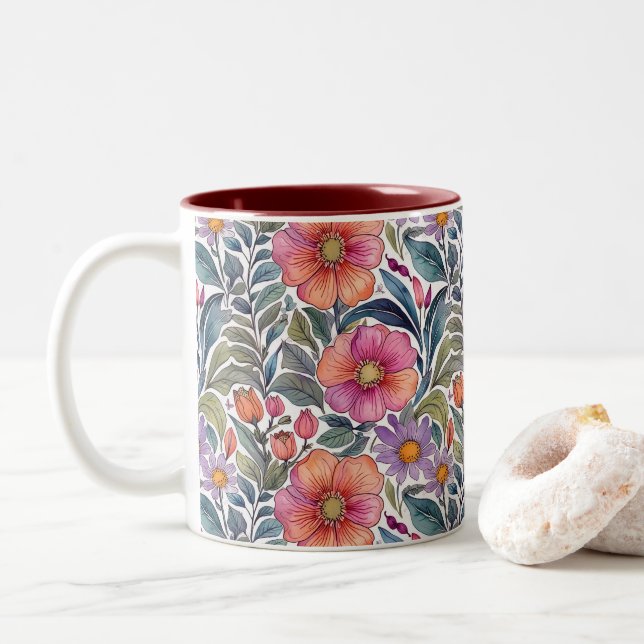 Springtime-trädgård - Blommönster 2 - Kaffe Mugg (Med munk)