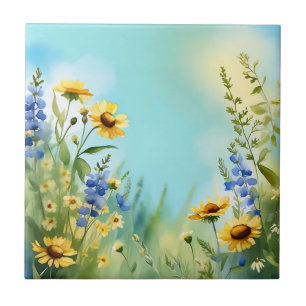 Springtime Wildblommor in Soft Blue Kakelplatta