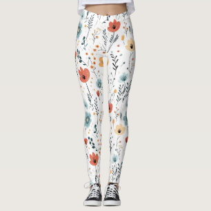 Springtime Wildblommor Mönster, Rust, Tan, Blue Leggings