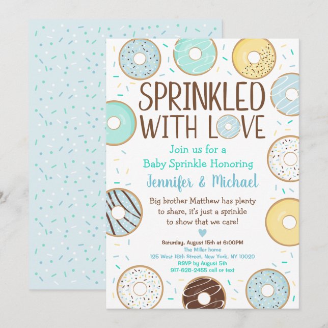 Sprinklad med Kärlek Blue Donut Baby Sprinkle Inbjudningar (Fram/baksida)