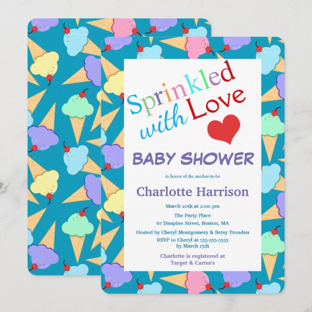 Sprinklad med Kärlek Ice Cream Cones Baby Shower Inbjudningar (Fram/baksida)
