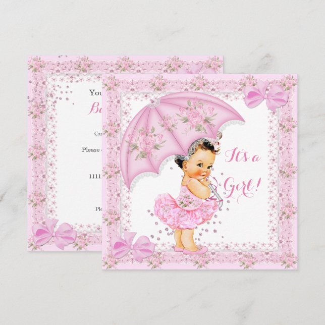 Sprinkle Baby Shower Flicka Blommig Rosa Paraply Inbjudningar (Fram/baksida)