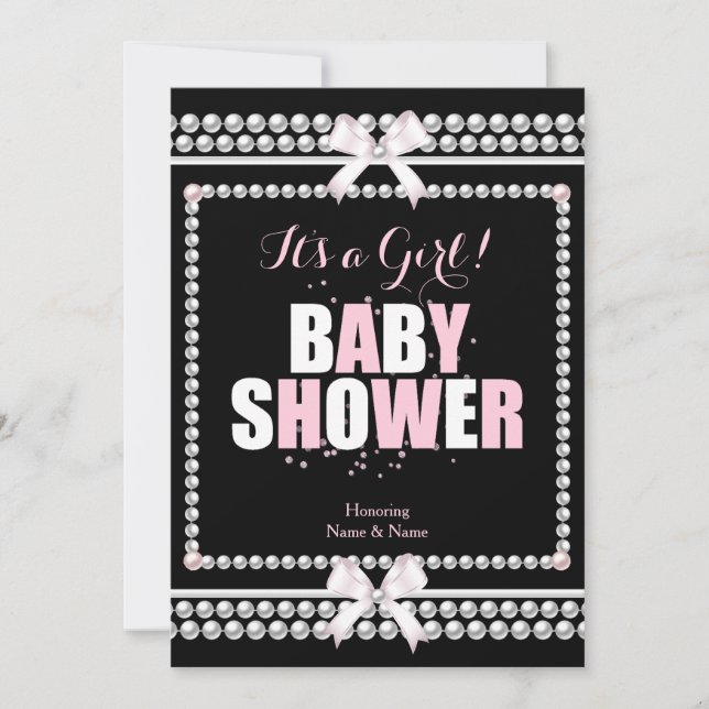Sprinkle Baby Shower Girl Rosa Pearls Black Inbjudningar (Framsida)